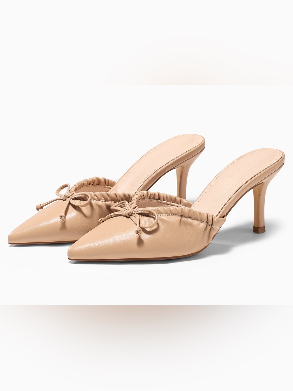 Coutgo Tan Pointed-Toe Heeled Mules High Heel Slip-On Pumps with Bow Detail